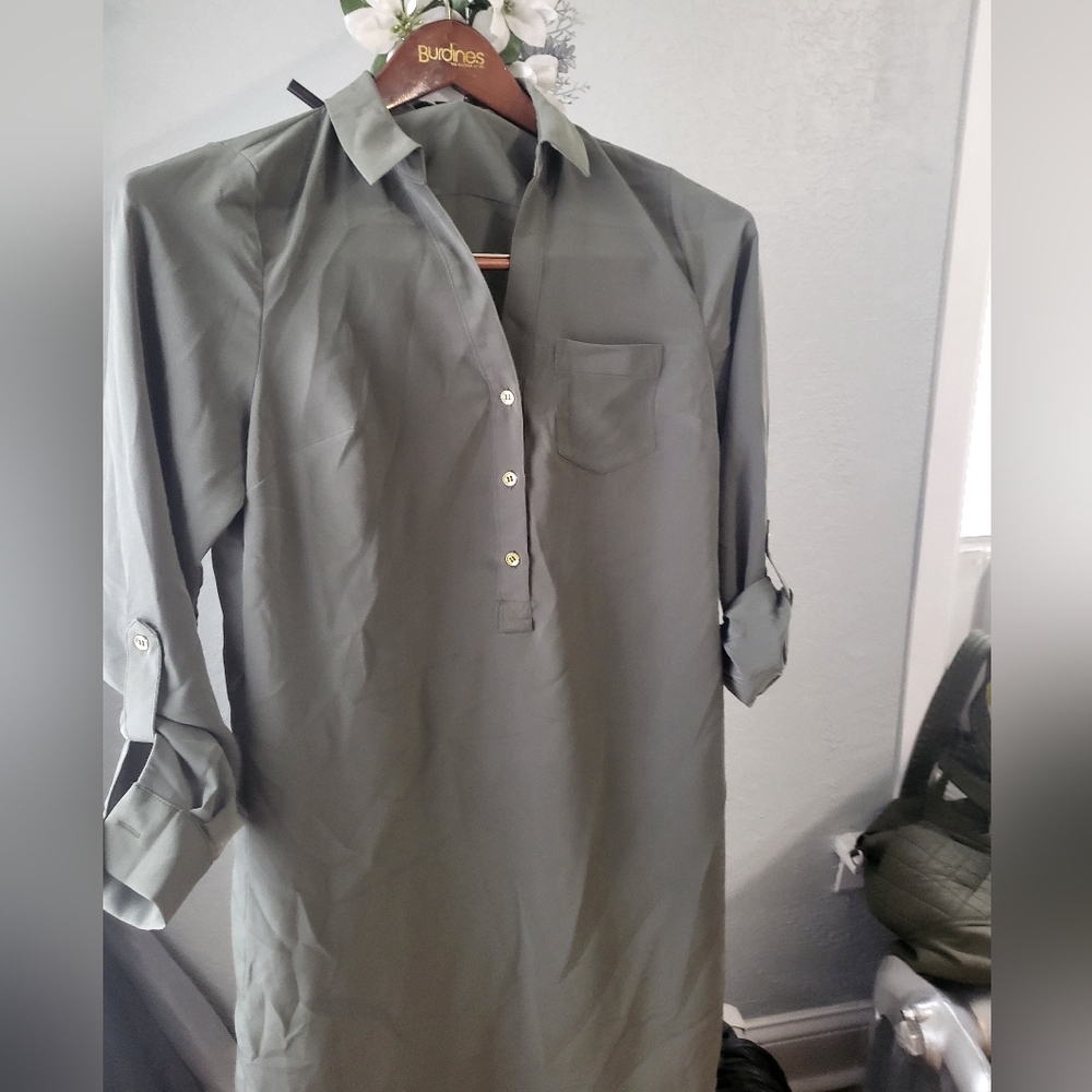 The Limited Womens Shirt Dress s green Shift Mini Long Sleeve Popover Career